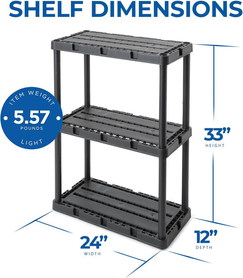 Gracious Living 3 Shelf Knect-A-Shelf Solid Light Duty Storage Unit 12 x 24 x 33 for Home, Garage, Basement