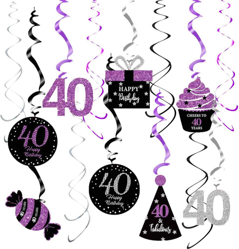 40th Birthday Decorations for Women, Purple Black Silver Foil Hanging Swirls for 40th Birthday Party