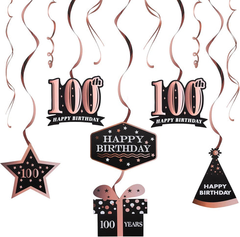 LINGTEER Happy 100th Birthday Decorations, 12 Pcs Black & Rose Gold Foil Swirls Streamer Set for 100 Years Old