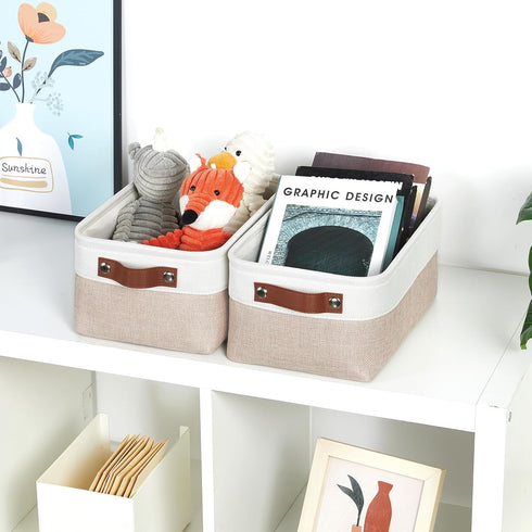 DULLEMELO Small Storage Bins with Handles, Set of 2 Collapsible Fabric Bins for Organizing 11.8x7.9x5.1 Inch (White &