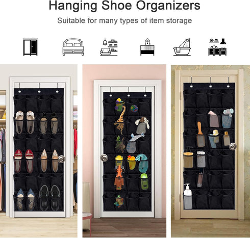 Over the Door Shoe Organizer - Black Mesh Organizer with 24 Pockets and Hooks for Space Saving Shoe Storage