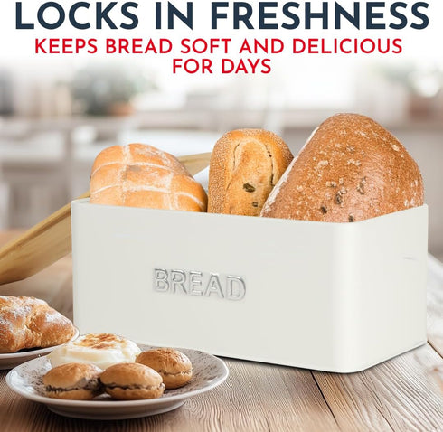 Countertop Culinary Couture White Bread Box for Kitchen with Bamboo Lid - Large BreadBox for Homemade Bread - Storage