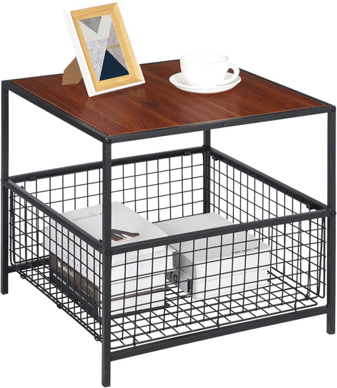 SUPER DEAL 2 Tier Side Table with Mesh Basket, 20 inch Square