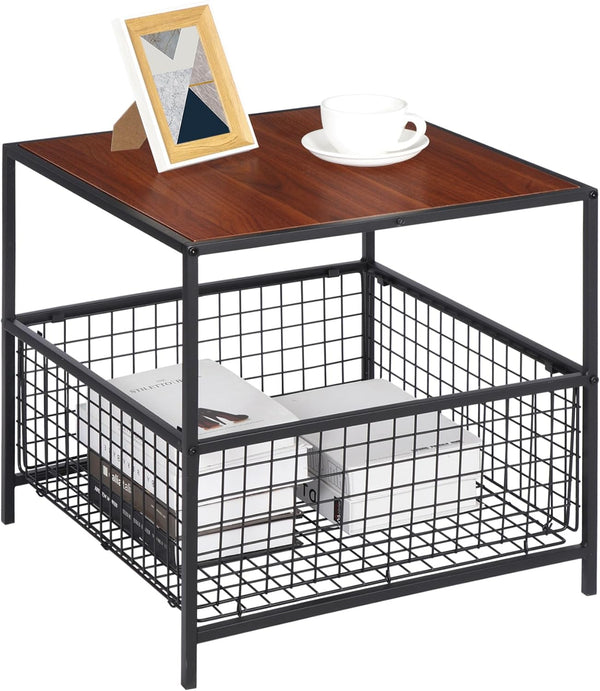 SUPER DEAL 2 Tier Side Table with Mesh Basket, 20 inch Square