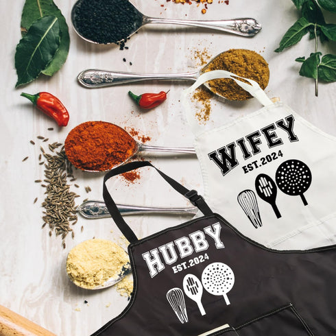 MBMSO Hubby Wifey Cooking Aprons Set, Est.2024 Wedding Gift for Newlywed Couples