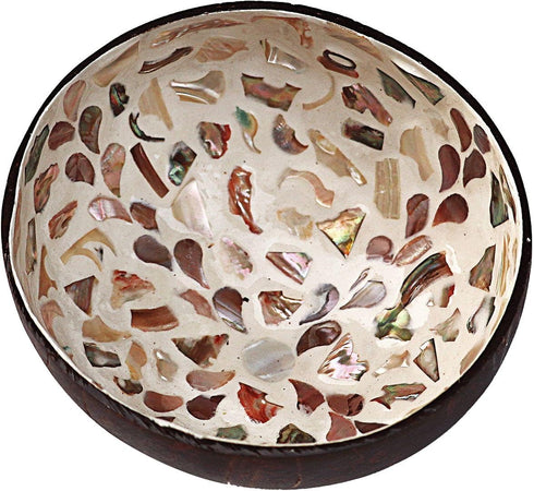 ChezMax Natural Coconut Bowl, Handcrafted White Bowl with Mother of Pearl Inlaid Shell, Key Bowl for Entryway Table,