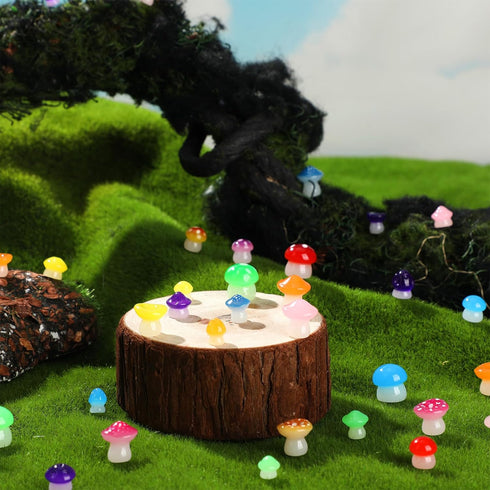 RoundFunny 126 Pcs Tiny Resin Mushrooms Glow in the Dark Mini Mushrooms for Craft Luminous Figurines for Garden