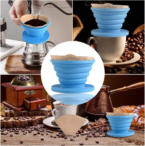 Abnaok Set of 2 Collapsible Pour Over Coffee Dripper, Silicone Reusable Cone Filter Holder with 40Pcs Paper Filters for