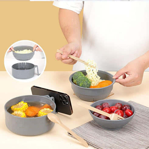 Microwave Ramen Cooker with Chopsticks and Spoon, Ideal for Office College Dorm Room, Dishwasher-Safe, BPA-Free (Gray)