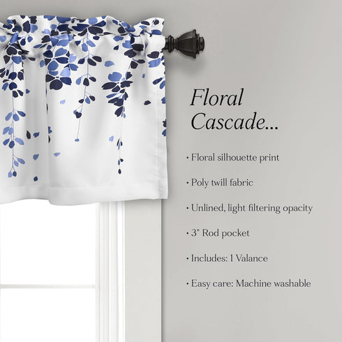 Lush Decor Weeping Flowers Valance Curtain for Windows, Navy and Blue, 18" x 52"