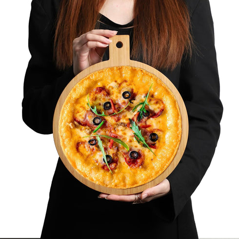 BAMOTTO Round Bamboo Cutting Board with Handle, Decorative Charcuterie Board for Kitchen Pizza and Snacks