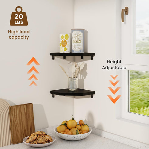 Set 2 7in Fun Memories Corner Shelf Wall Mount of - Solid Oak Wood Floating Corner Shelf with Cable Hole, Rustic Design