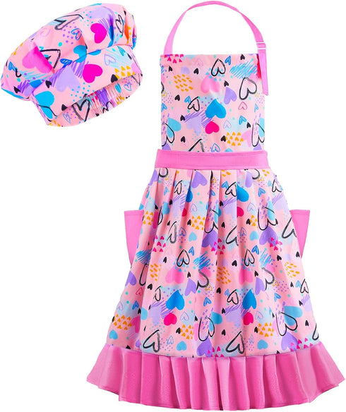 MHJY Kids Apron Hat Set for Girls, Vintage Pleated Skirt Adjustable Kitchen Apron with Pockets for Baking Cooking
