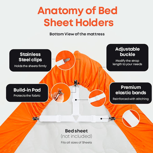 5 STARS UNITED Bed Sheet Straps Set, Adjustable Elastic Fasteners with Metal Clips, Fitted Sheet Clips (4 Pcs White)