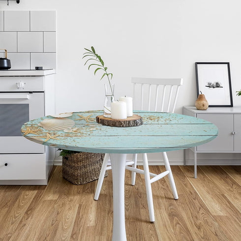 Beach Fitted Round Table Cloth, Summer Wood Starfish Outdoor Table Cover with Elastic Edge (Fit for 40"-44" Tables)