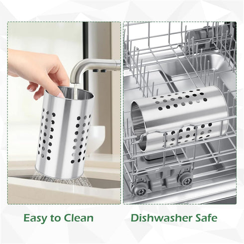 EORTA Stainless Steel Kitchen Utensil Holder, Flatware Cylinder Draining Organizer with Round Drain Holes