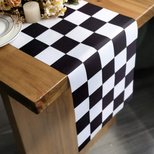 Table Runner Black and White Checkerboard Racing Theme, 12 x 72 Inches for Anniversary, Dinner Parties, and Outdoor