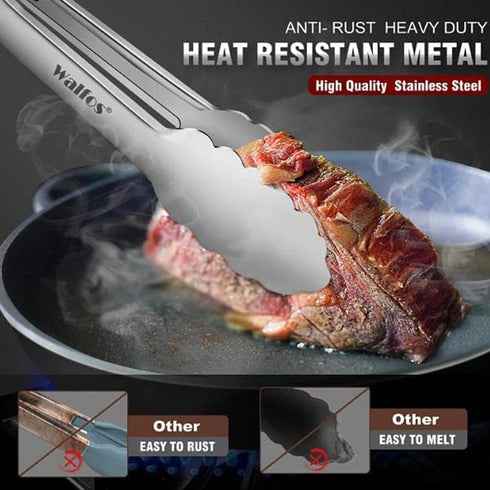 Walfos All Metal Kitchen Tongs for Cooking, BBQ Grilling, 600? Heat Resistant Stainless Steel Tongs - Heavy Duty 7 ,9 and 12 Inch Locking Tongs Set of 3 by Walfos