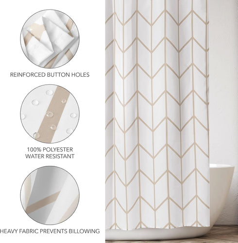mDesign Fabric Shower Curtain - Geometric Herringbone Chevron Print, 72" x 72", Beige/White, Machine Washable & Water