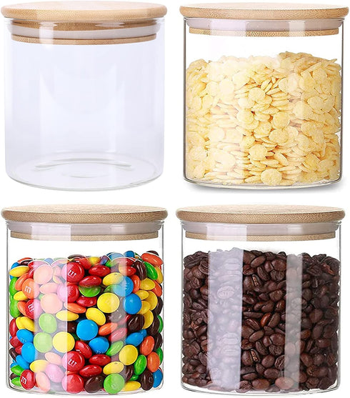 Lawei 4 Pack Glass Storage Jars with Airtight Bamboo Lids, 18.6 OZ Clear Glass Kitchen Canisters