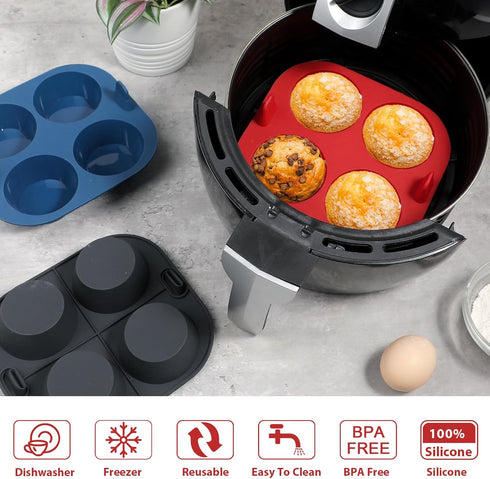Webake 3PCS Non-Stick Silicone Air Fryer Muffin Pan, 4 Cavity Baking Cups, BPA Free, Food Grade Tins