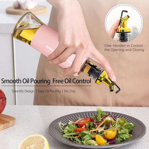 Miao’er Olive Oil Dispenser Bottle Set of 2 - Golden Non-Drip Spout with Pink Funnel for Easy Filling, 10OZ/300ML
