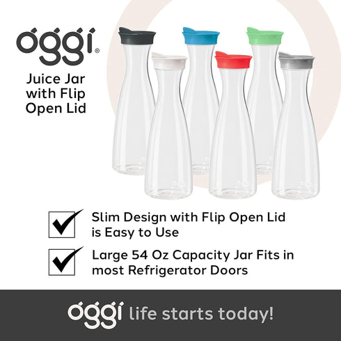 OGGI Clear Carafe w/Flip Open Lid, Ideal Juice Bottle, 1.6 Lt (54Oz), Black