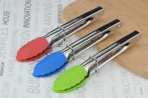 Set of 3 Mini Tongs 7-Inch Serving Tongs with Silicone Tips (Green Red Blue)