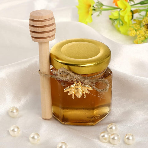 1.5 oz Hexagon Mini Glass Honey Jars - 30 Pack with Wood Dipper, Gold Lid, Bee Pendants, Jutes - Perfect for Baby