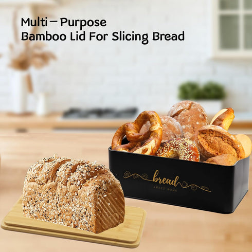 Counter, Countertop Bread Box with Bamboo Cutting Board Lid, Metal Bread Box for Kitchen Small Bread Storage Container