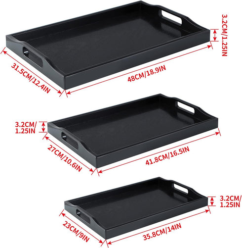 MDLUU Set of 3 Plastic Serving Tray - Black Ottoman Tray with Cutout Handles, Rectangle Butler Tray for Breakfast