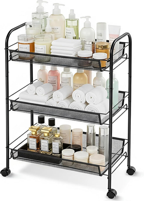 3 Tier Metal Rolling Cart with Wheels, Wire Bathroom Organizer Storage Shelves