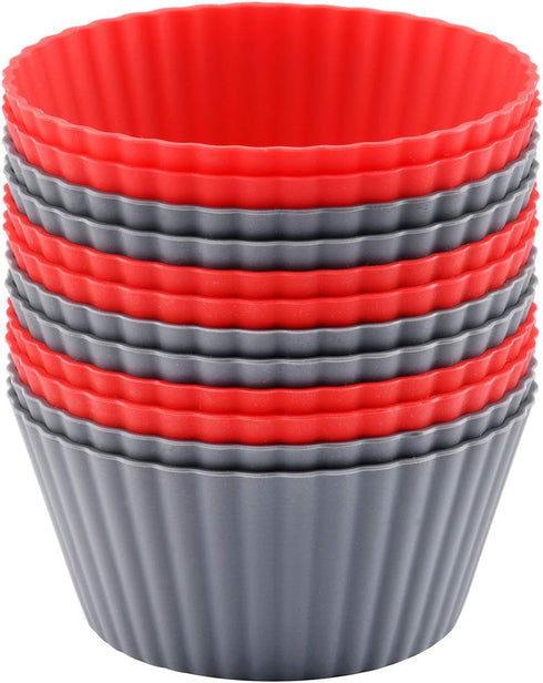 12 Pack Reusable Nonstick Jumbo Silicone Baking Cups, Round Cupcake and Muffin Liners, 3.8 Inch, Red and Gray