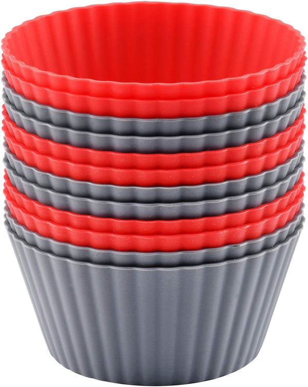 12 Pack Reusable Nonstick Jumbo Silicone Baking Cups, Round Cupcake and Muffin Liners, 3.8 Inch, Red and Gray