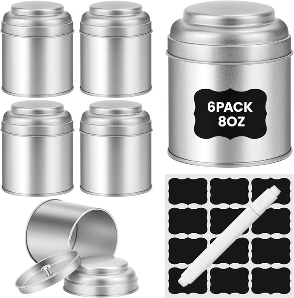 Tea Tin with Airtight Double Lids – 8 Oz Kitchen Small Tin Can for Loose Leaf Tea Storage (6 PACK)