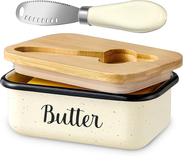 Butter Dish with Lid and Curler Knife, Unbreakable Metal Keeper Container for Kitchen Farmhouse Decor, Speckled White