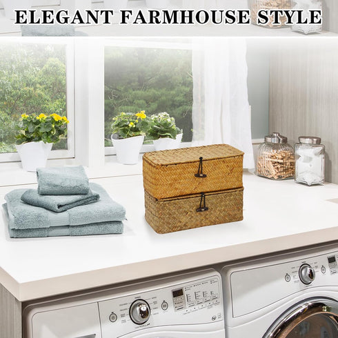 Dryer Sheet Holder, Woven Seagrass Container with Lid for Laundry Room Organization, Natural Color