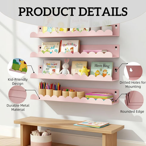 Set 6, 16 Inch Nursery Book Shelves of Pink Metal Floating Shelves for Wall, Scalloped Book Shelf for Kids Room