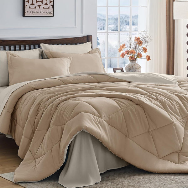 HEVUMYI Khaki & Linen Full Comforter Set - 7-Piece All Season Bed