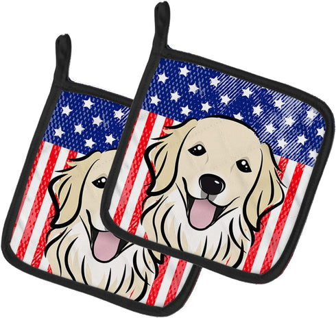 Caroline's Treasures BB2135PTHD American Flag and Golden Retriever Pot Holders Set, 7 1/2 x 7 1/2