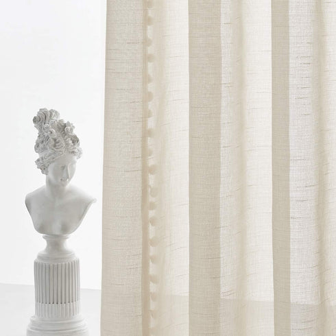 Treatmentex Pom Pom Linen Sheer Curtains for Living Room, 63 inches Length, 52" w x 2 Pack, Beige