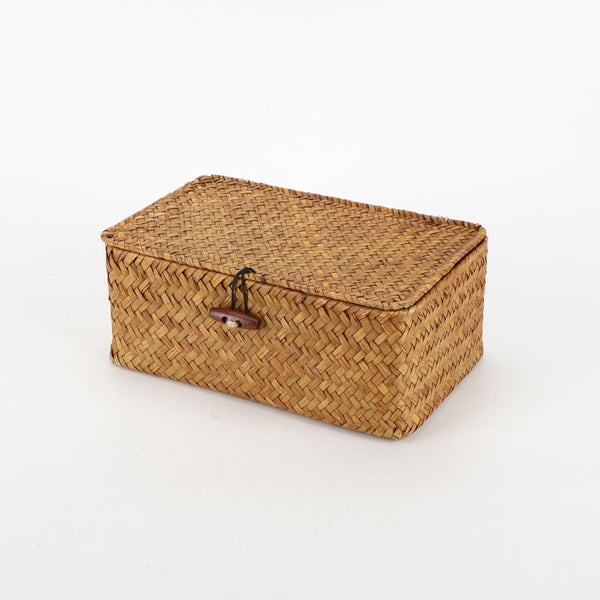 YRHOME Seagrass Rattan Basket with Lid, Hand-woven Rectangular Household Storage Basket for Organizer Boxes