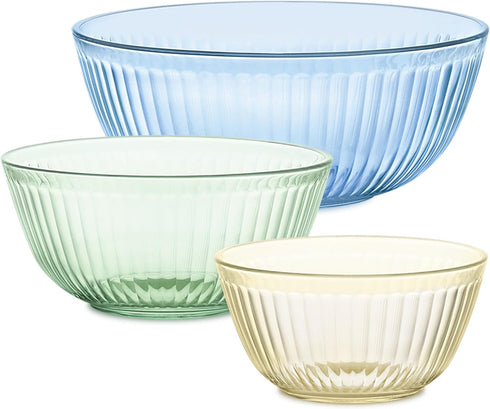 Pyrex Colors (3-Pack) Sculpted Tinted Unlidded Glass Mixing Bowls, Nesting Space Saving Set for Prepping, Baking