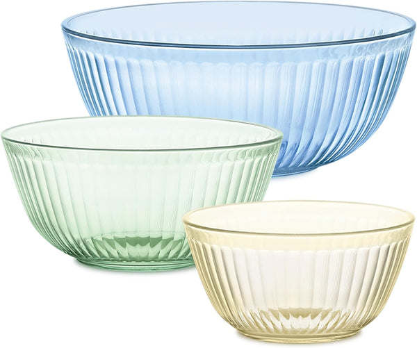 Pyrex Colors (3-Pack) Sculpted Tinted Unlidded Glass Mixing Bowls, Nesting Space Saving Set for Prepping, Baking