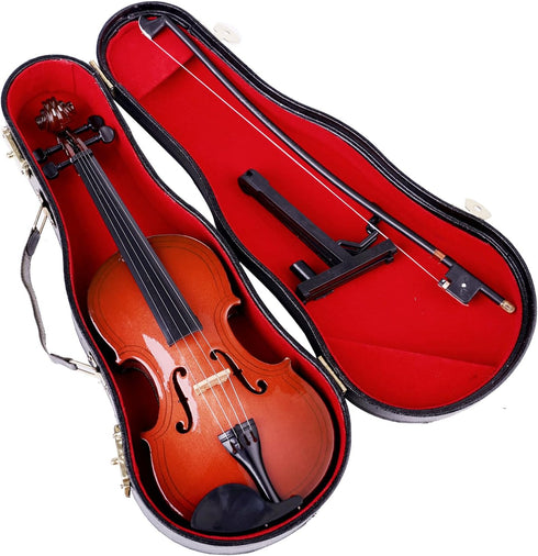 Dselvgvu (7.87"x2.76"x1.26") Wooden Miniature Violin with Stand, Bow and Case Mini Musical Instrument Violin Replica