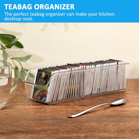 Tea Bag Organizer, Clear Plastic Storage Bin for Tea, Sugar, Coffee, Condiment, and Spice Bags for Countertop
