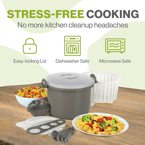 Prep Solutions 17 Piece Set Microwaveable Rice and Pasta Cooker with 12 Cup Capacity and Locking Lid Great for Rice, Pasta, and Vegetables by Progressive International