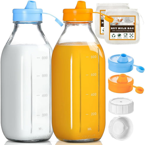 2 Pack 32 OZ 2 2 2 Glass Milk Bottles with Pour Spout Lids & Nut Milk Bags & Airtight Caps, Reusable Glass Bottles