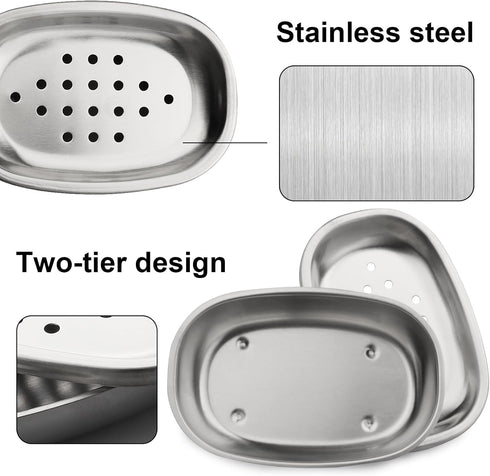 Miruchertter Countertop Stainless Steel Soap Dish with Double Layer Draining for Bathroom, Chrome Brushed Nickel Soap