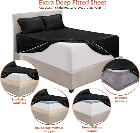 Hearth & Harbor California King Size Extra Deep Pocket Sheets - 6 Piece Set Fits 18-24 Inches Deep, Black